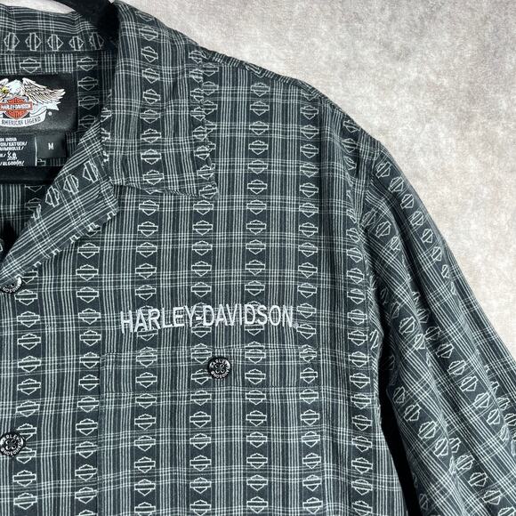 Harley Davidson Shirt Mens Medium Black Logo Button Up Short Sleeves Biker - Picture 3 of 9